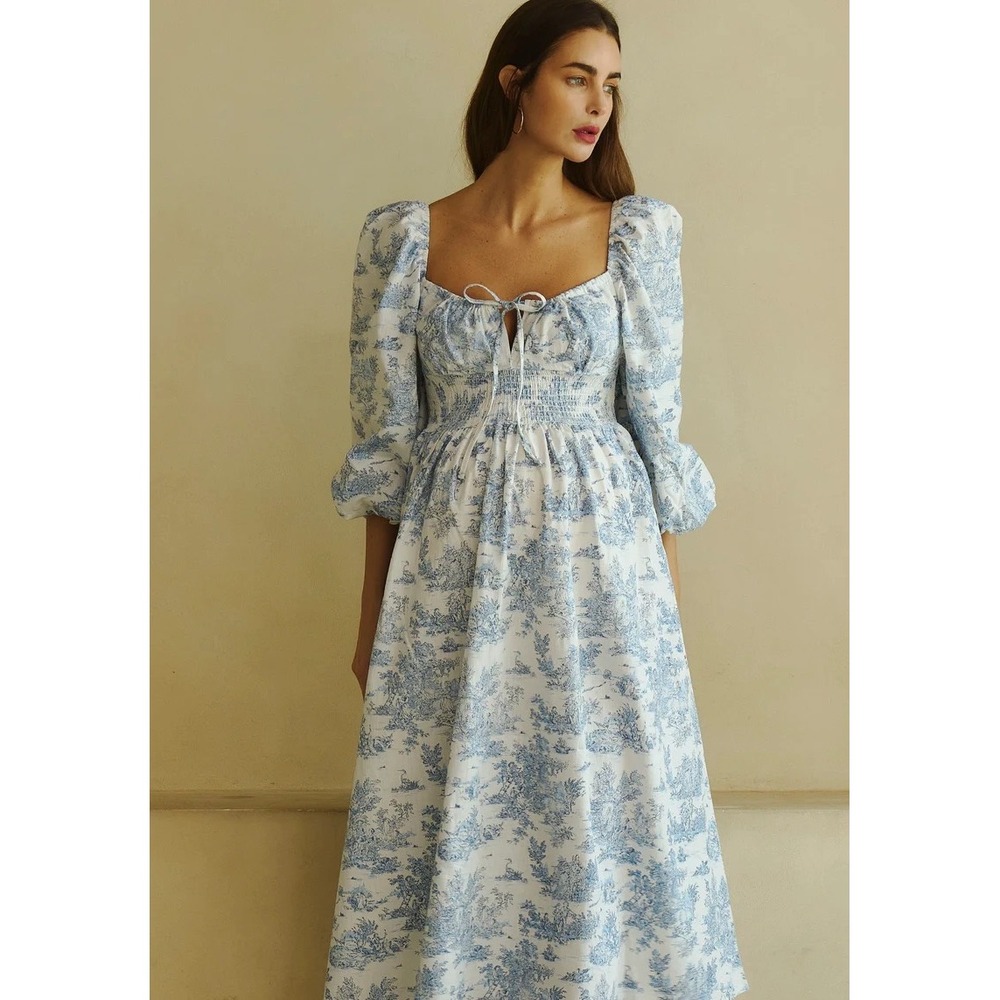 NothingFitsBut The Linen Dress M Blue Paris Toile Midi Maternity Friendly
